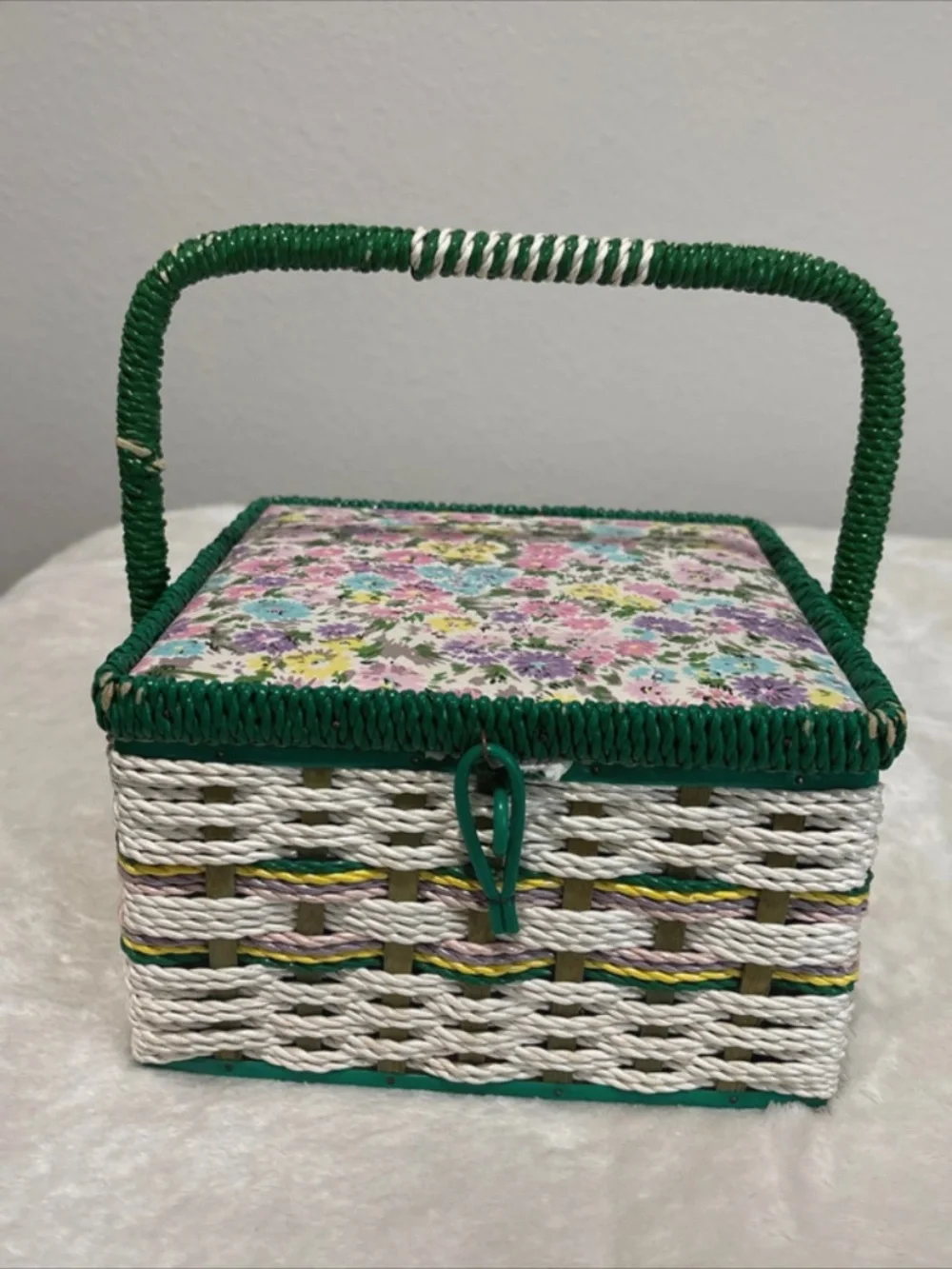 Vintage Floral Basket with Handle Woven Storage Craft Organizer